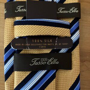 TASSO ELBA Men's tie hand made Blue/Yellow Silk New